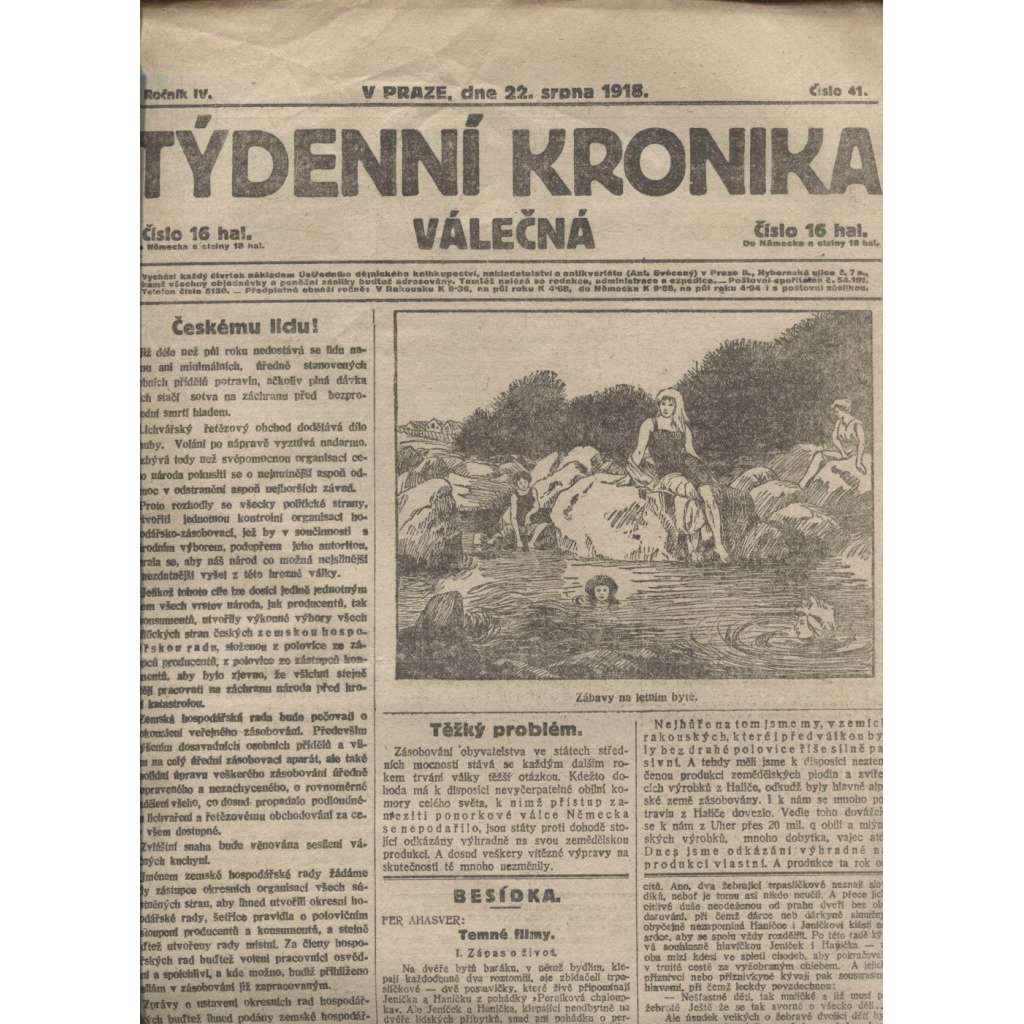 Týdenní kronika válečná (22.8.1918) - staré noviny, I. světová válka