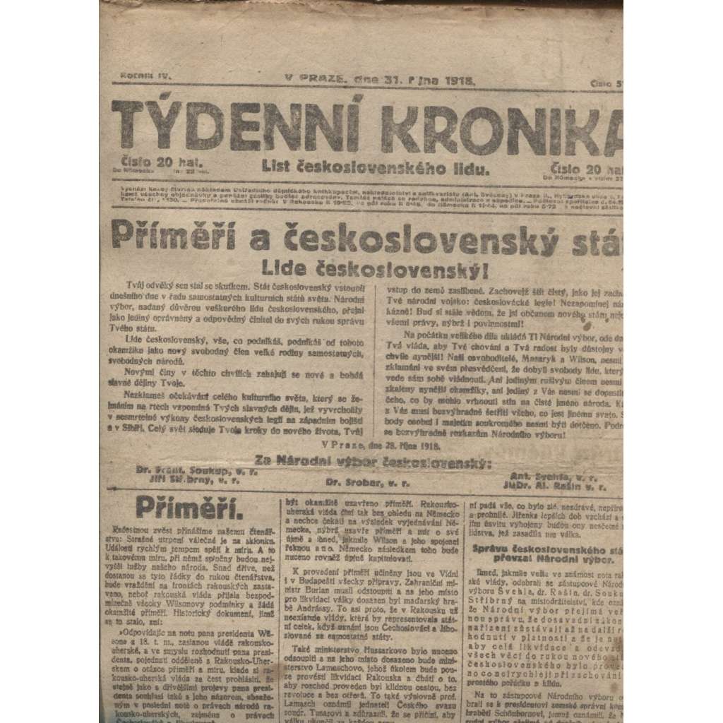 Týdenní kronika (31.10.1918) - staré noviny, I. světová válka