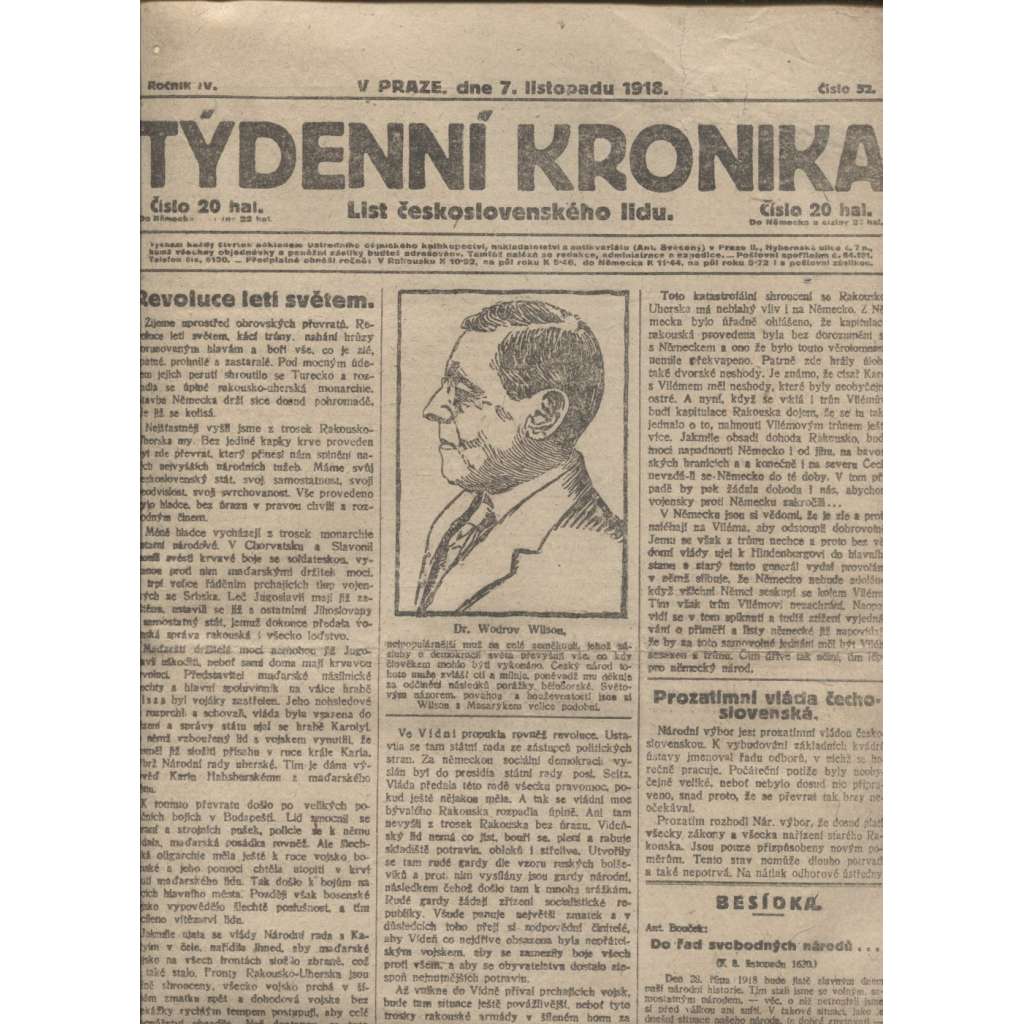 Týdenní kronika (7.11.1918) - staré noviny, I. světová válka