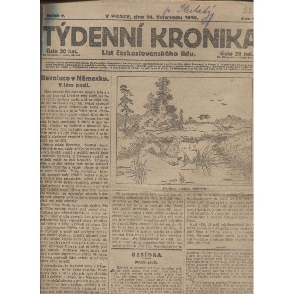 Týdenní kronika (14.11.1918) - staré noviny, 1. republika, I. světová válka