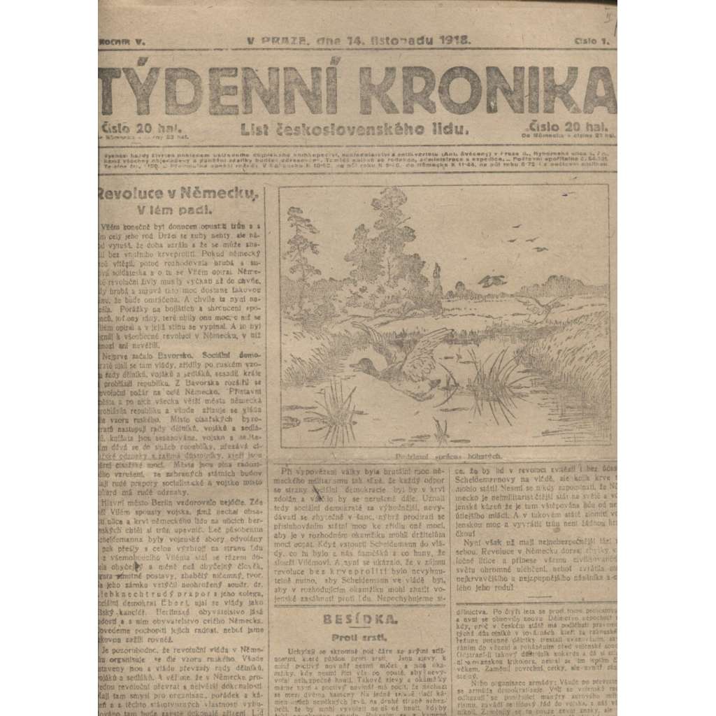 Týdenní kronika (14.11.1918) - staré noviny, 1. republika, I. světová válka