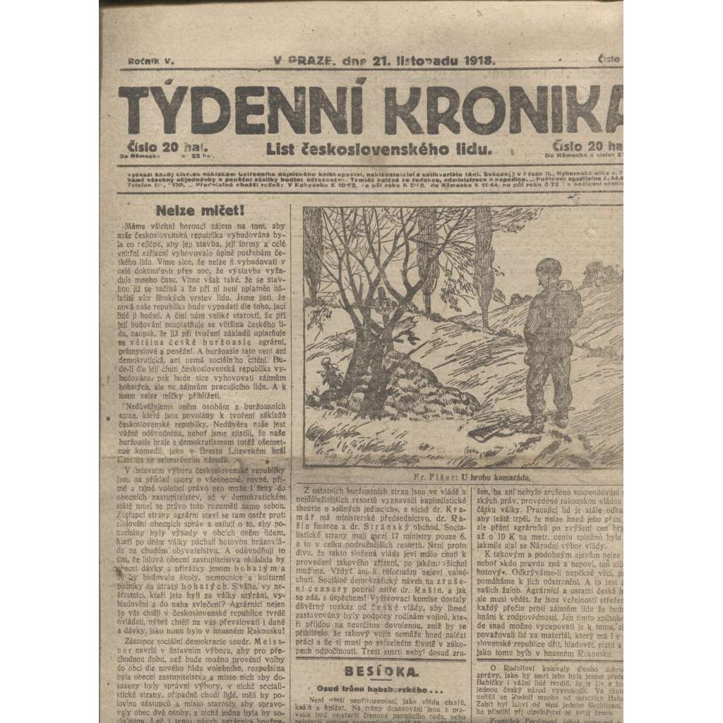 Týdenní kronika (21.11.1918) - staré noviny, 1. republika, I. světová válka