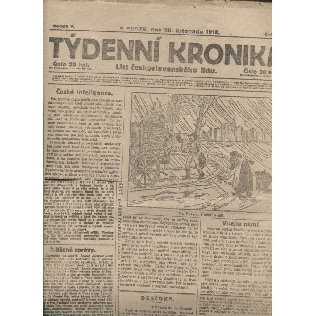 Týdenní kronika (28.11.1918) - staré noviny, 1. republika, I. světová válka (pošk.)