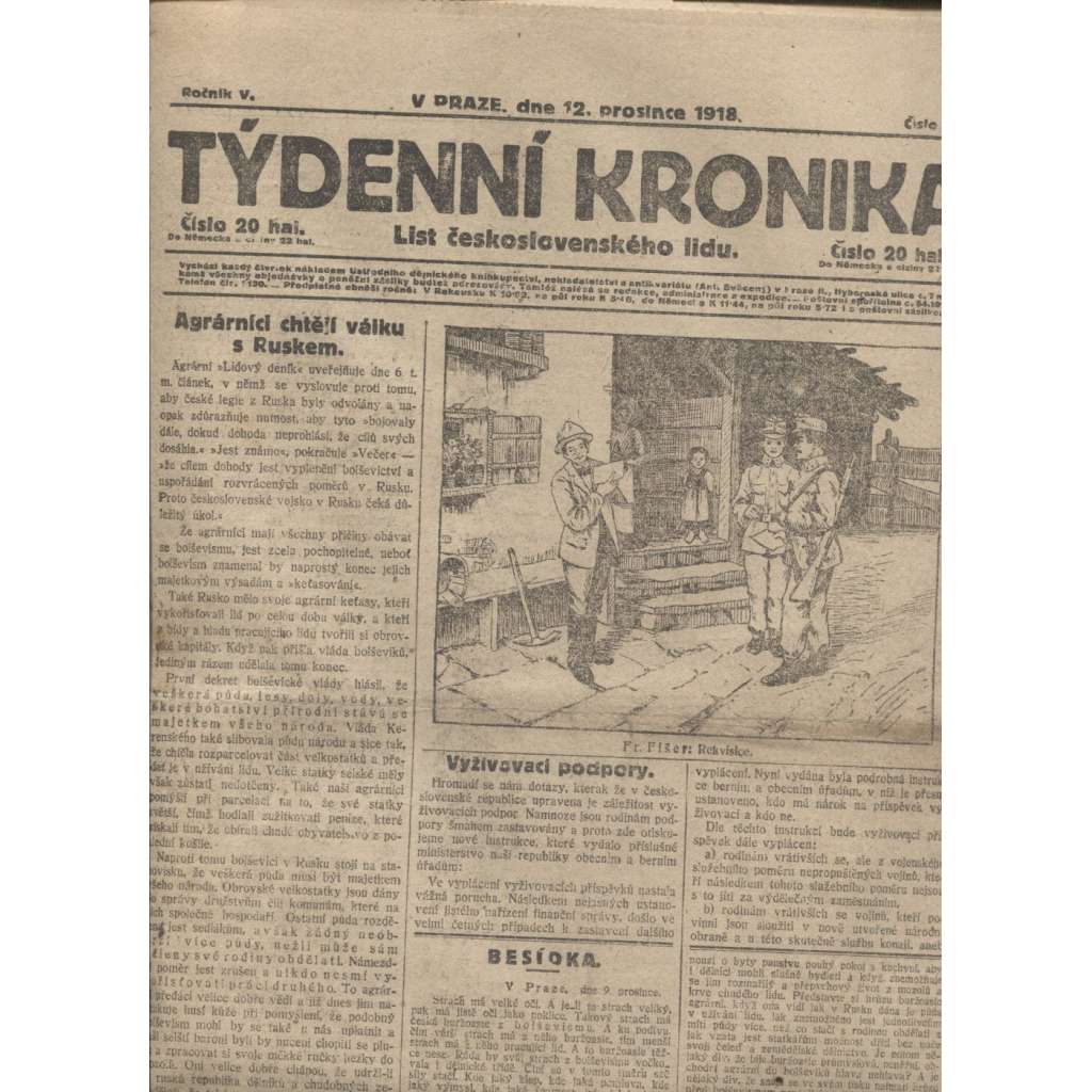 Týdenní kronika (12.12.1918) - staré noviny, 1. republika, I. světová válka