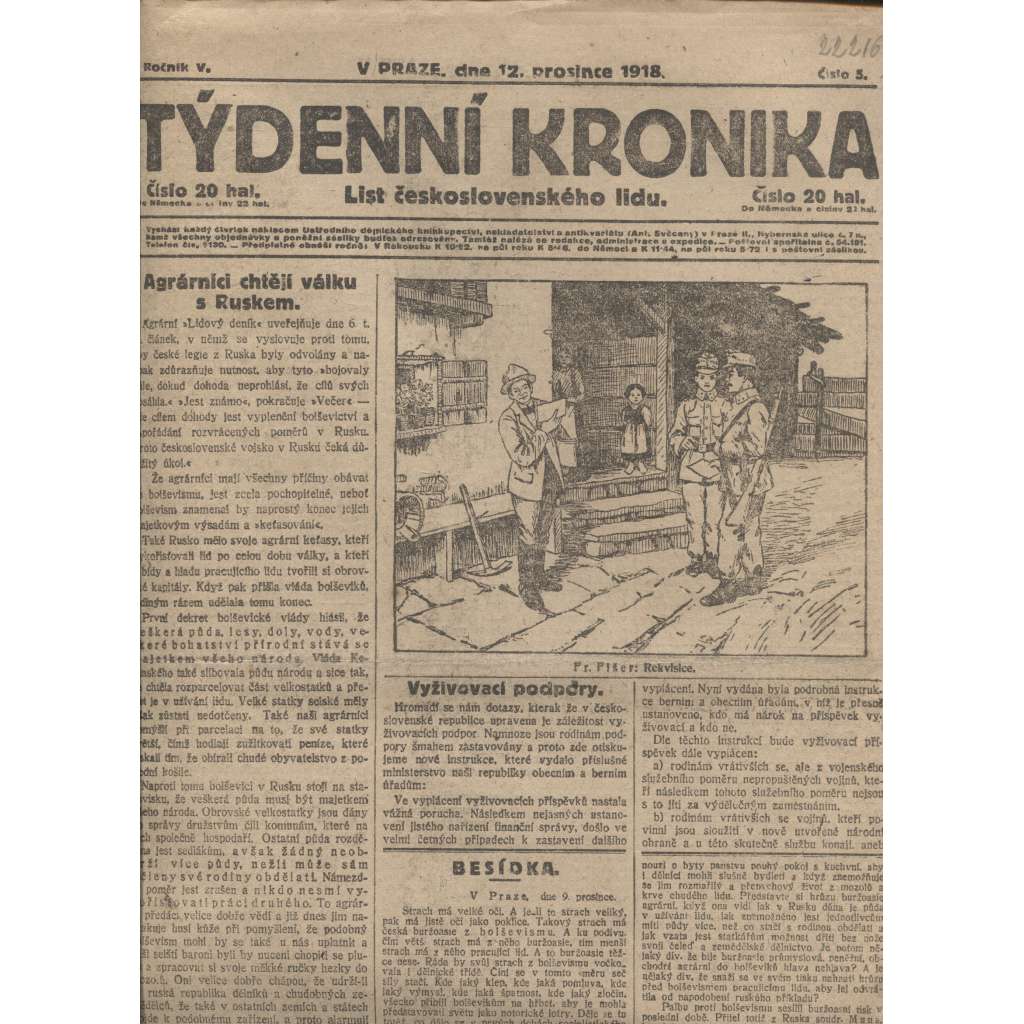 Týdenní kronika (12.12.1918) - staré noviny, 1. republika, I. světová válka