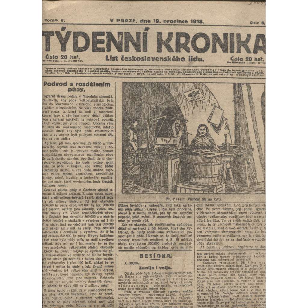 Týdenní kronika (19.12.1918) - staré noviny, 1. republika, I. světová válka (není kompletní)