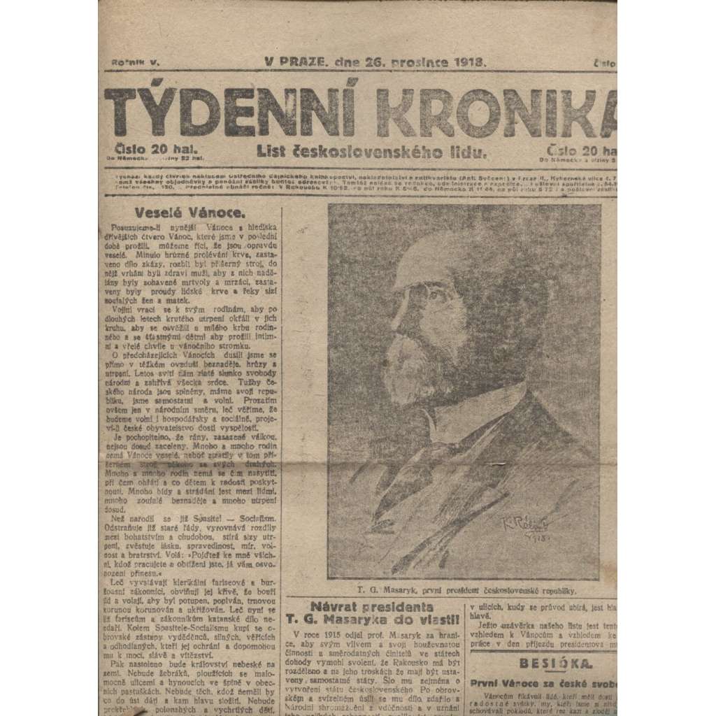 Týdenní kronika (26.12.1918) - staré noviny, 1. republika, I. světová válka