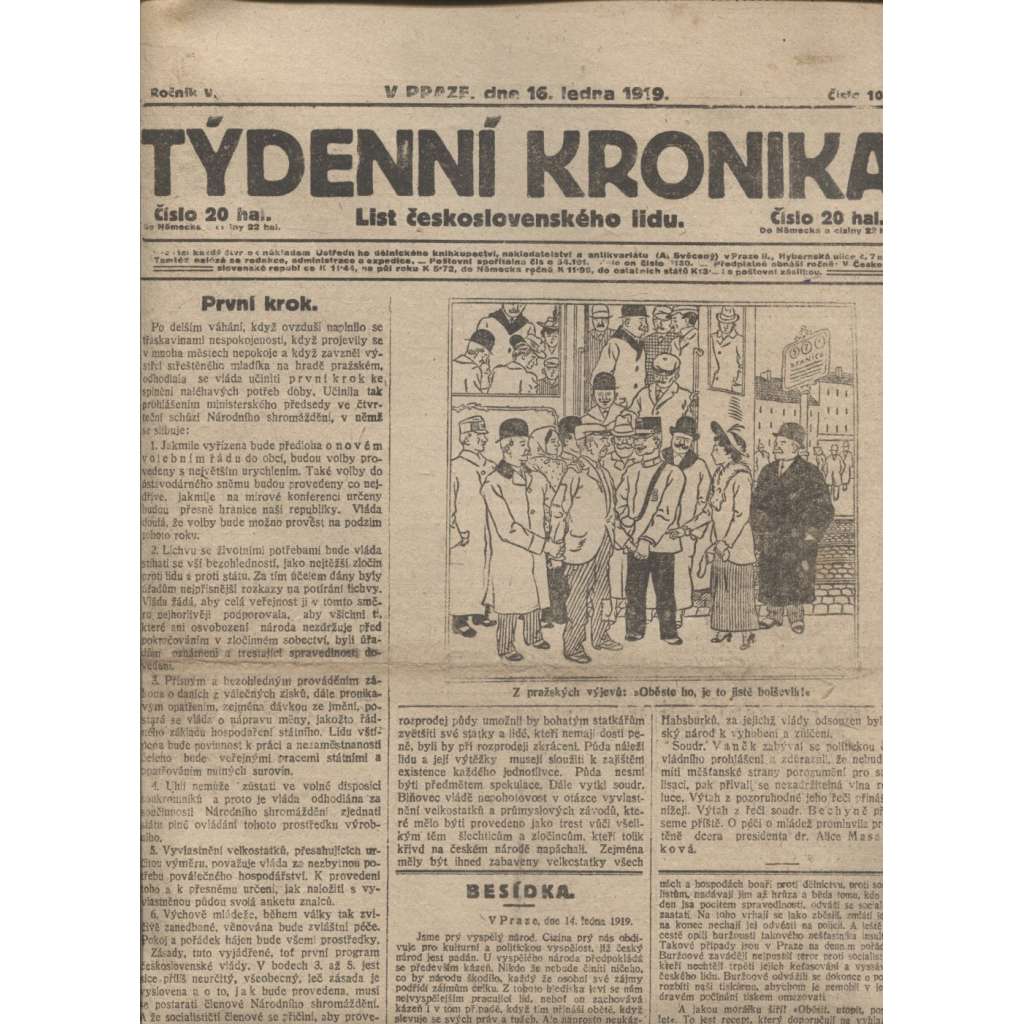 Týdenní kronika (16.1.1919) - staré noviny, 1. republika