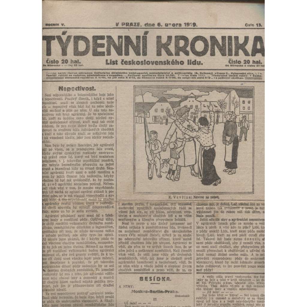 Týdenní kronika (6.2.1919) - staré noviny, 1. republika