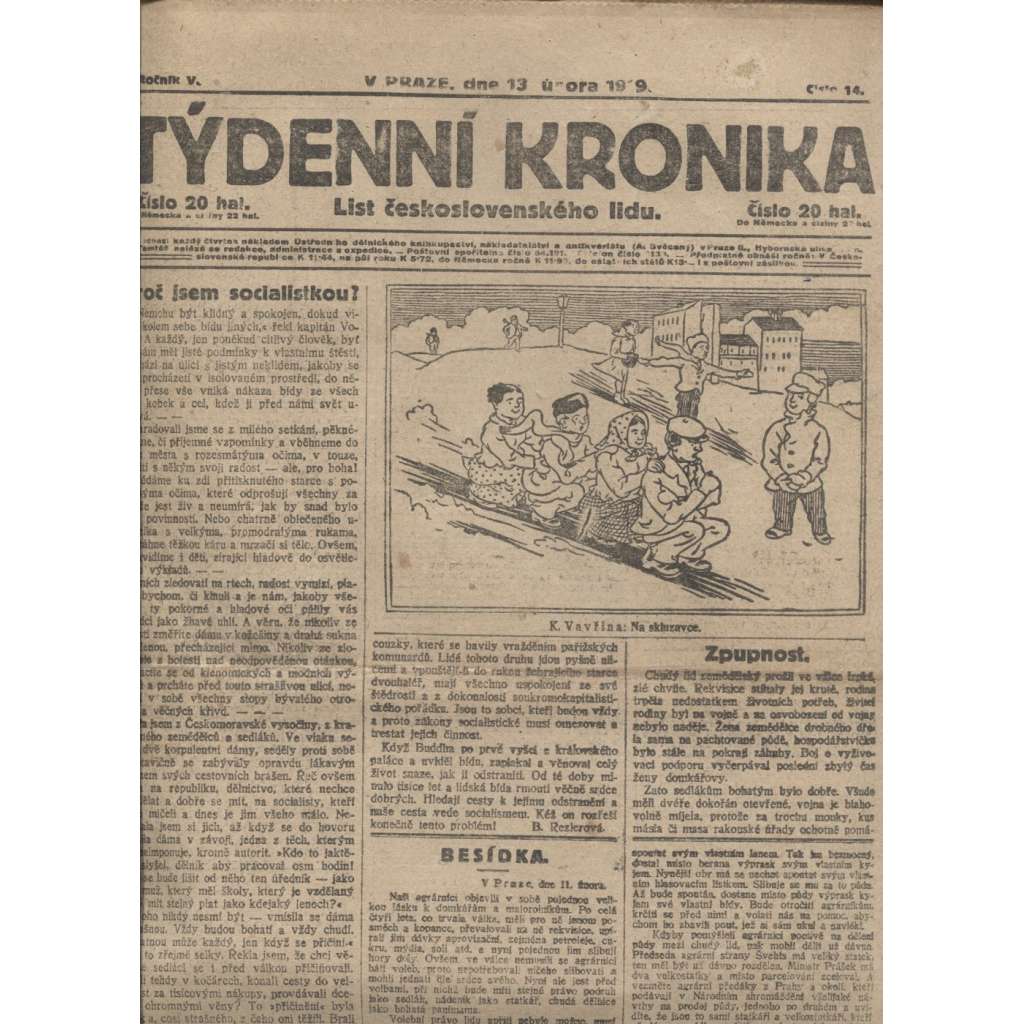 Týdenní kronika (13.2.1919) - staré noviny, 1. republika