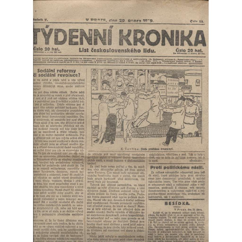 Týdenní kronika (20.2.1919) - staré noviny, 1. republika