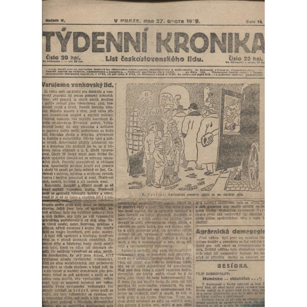 Týdenní kronika (27.2.1919) - staré noviny, 1. republika