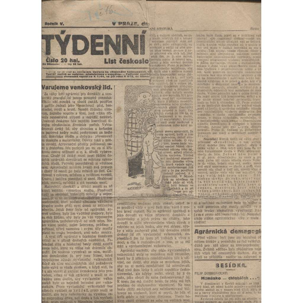 Týdenní kronika (27.2.1919) - staré noviny, 1. republika (není kompletní)