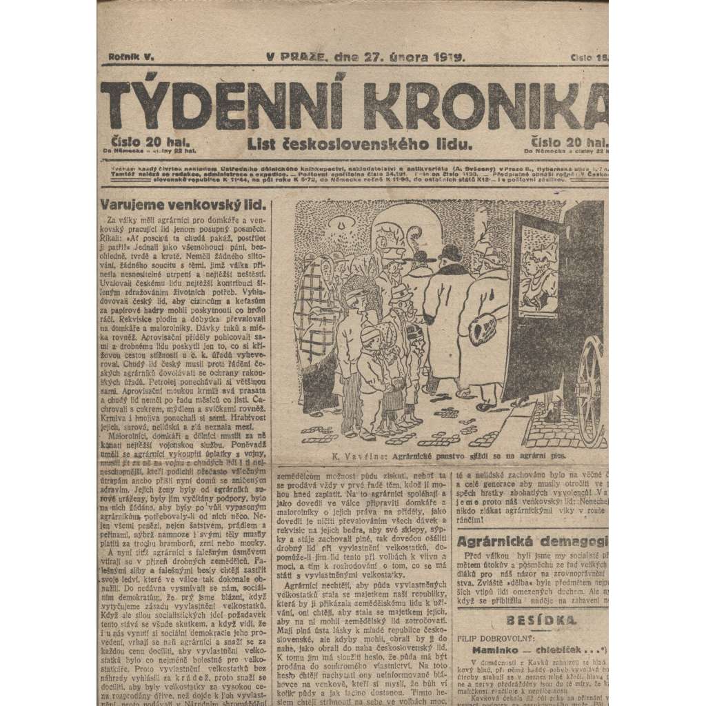 Týdenní kronika (27.2.1919) - staré noviny, 1. republika