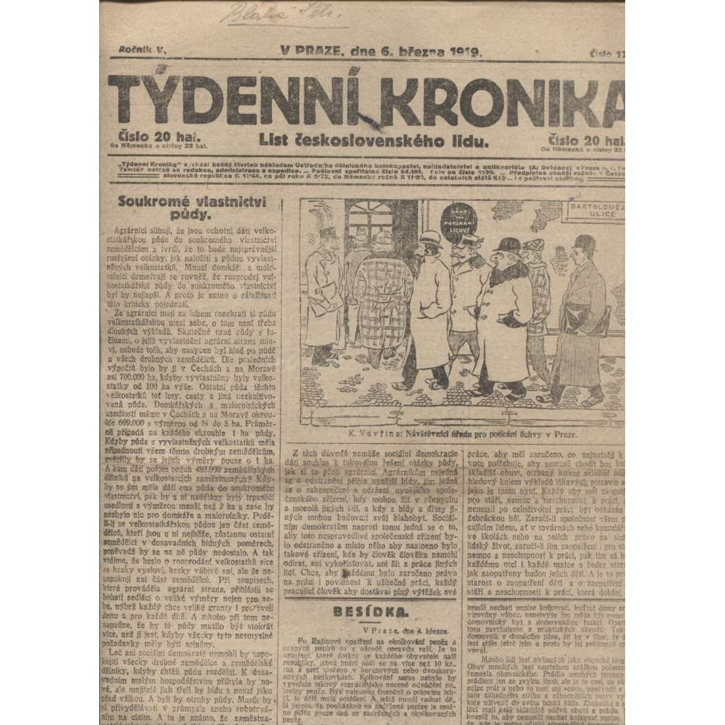 Týdenní kronika (6.3.1919) - staré noviny, 1. republika