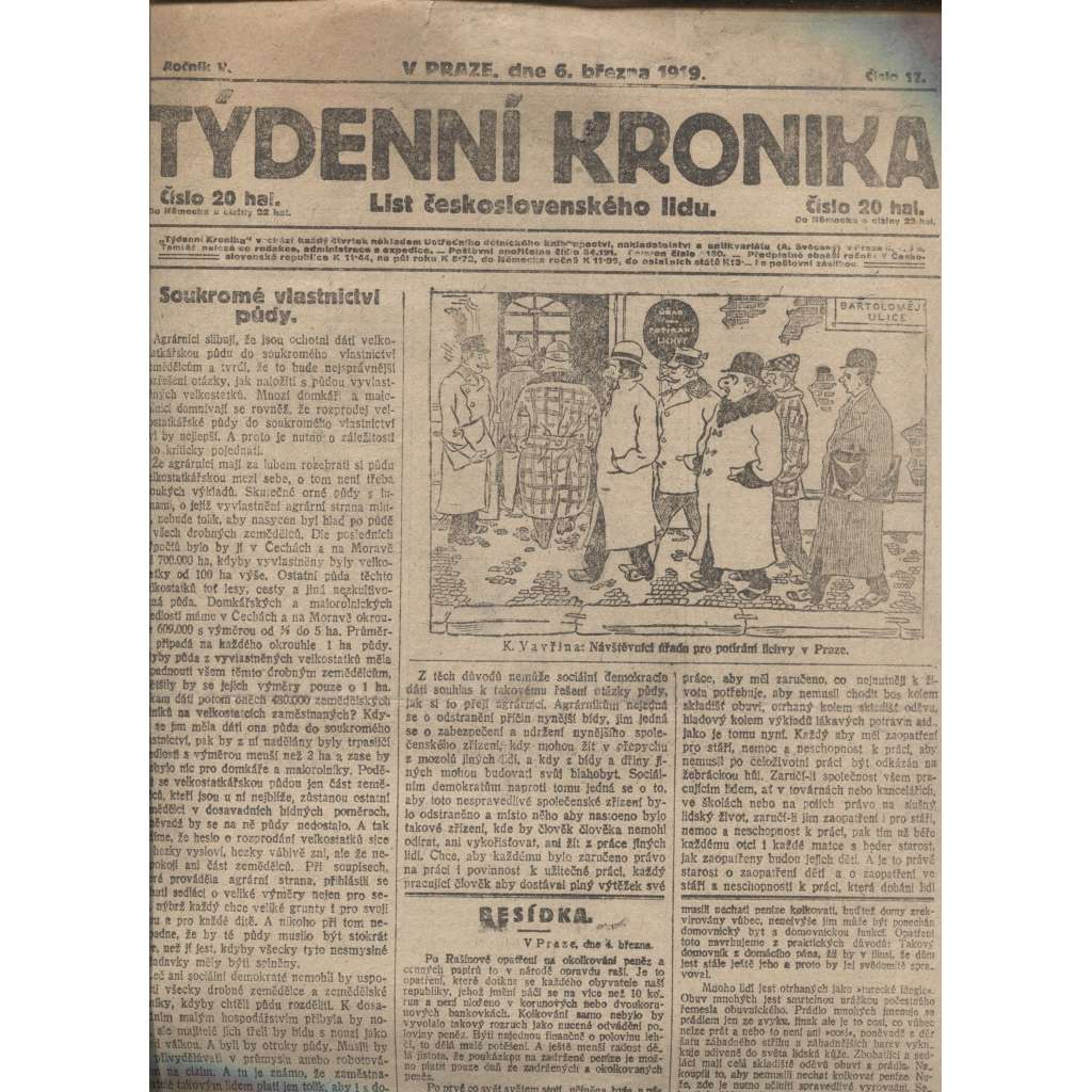 Týdenní kronika (6.3.1919) - staré noviny, 1. republika