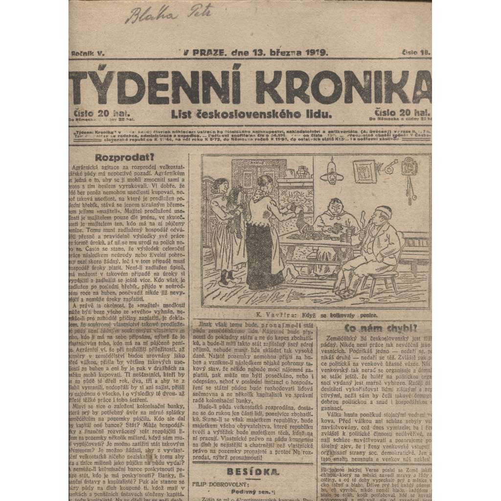 Týdenní kronika (13.3.1919) - staré noviny, 1. republika