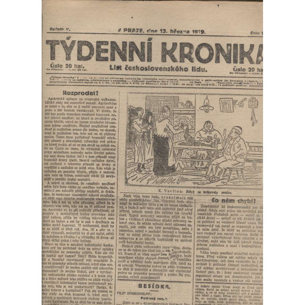 Týdenní kronika (13.3.1919) - staré noviny, 1. republika