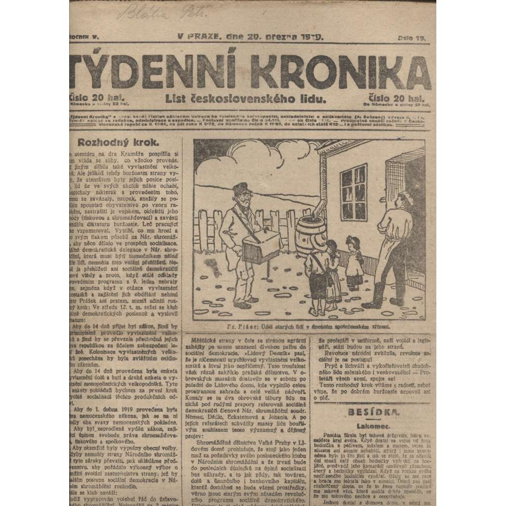 Týdenní kronika (20.3.1919) - staré noviny, 1. republika