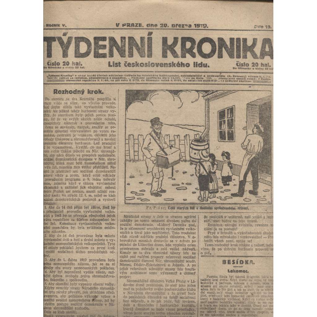 Týdenní kronika (20.3.1919) - staré noviny, 1. republika