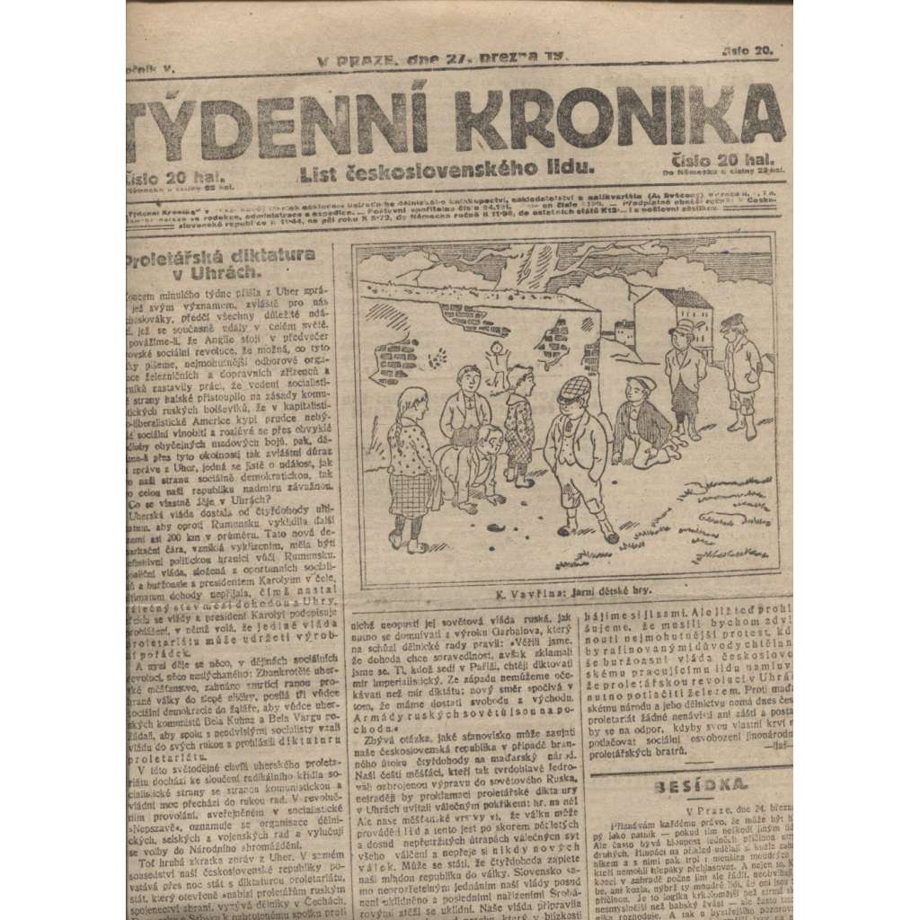 Týdenní kronika (27.3.1919) - staré noviny, 1. republika