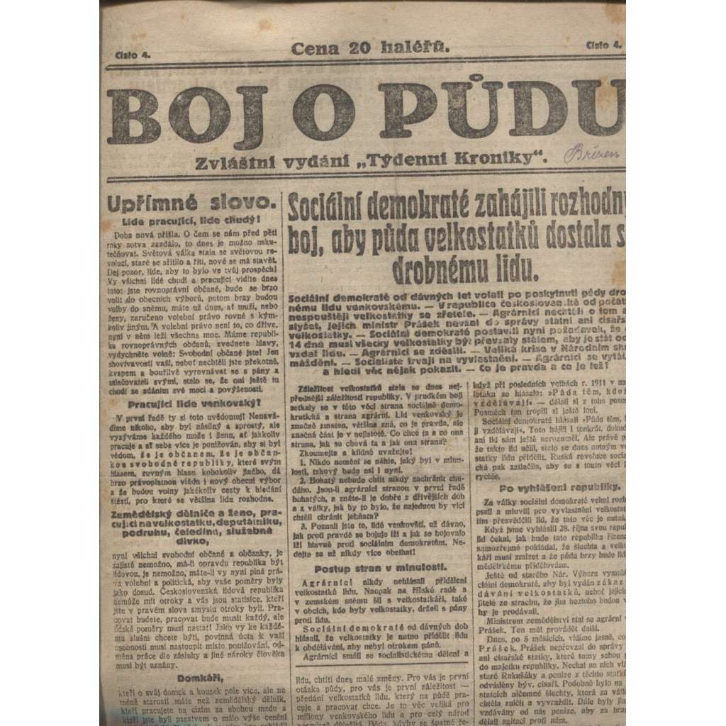 Boj o půdu. Zvláštní vydání "Týdenní kronika" (staré noviny, 1. republika)