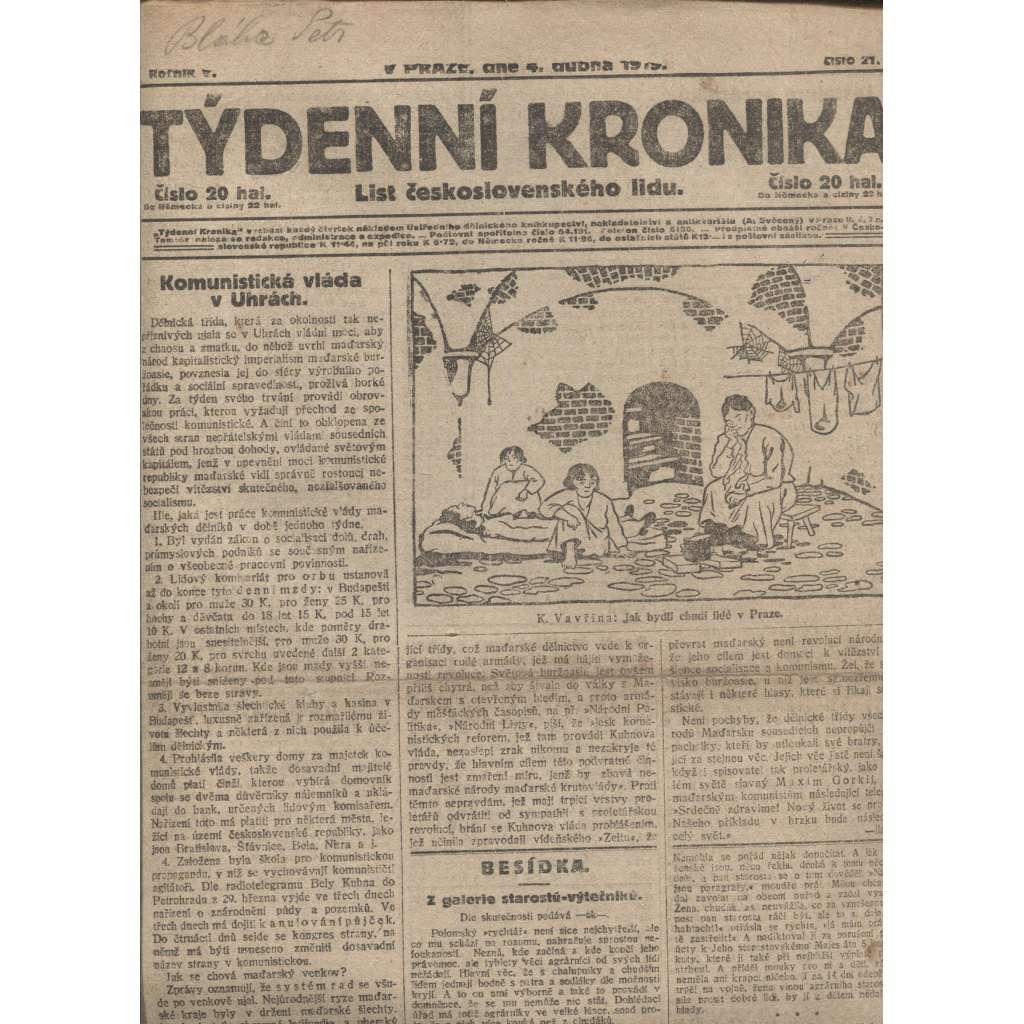 Týdenní kronika (4.4.1919) - staré noviny, 1. republika