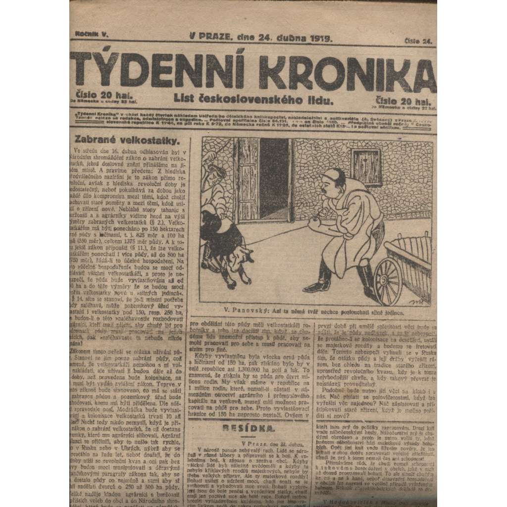 Týdenní kronika (24.4.1919) - staré noviny, 1. republika