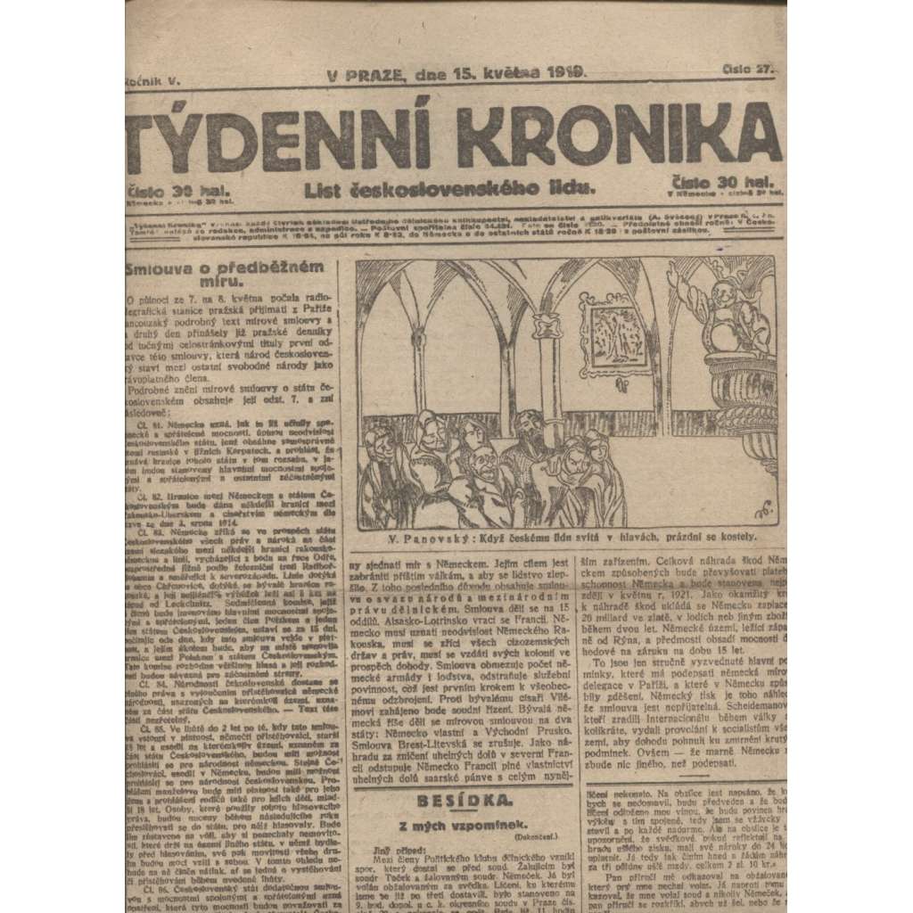 Týdenní kronika (15.5.1919) - staré noviny, 1. republika