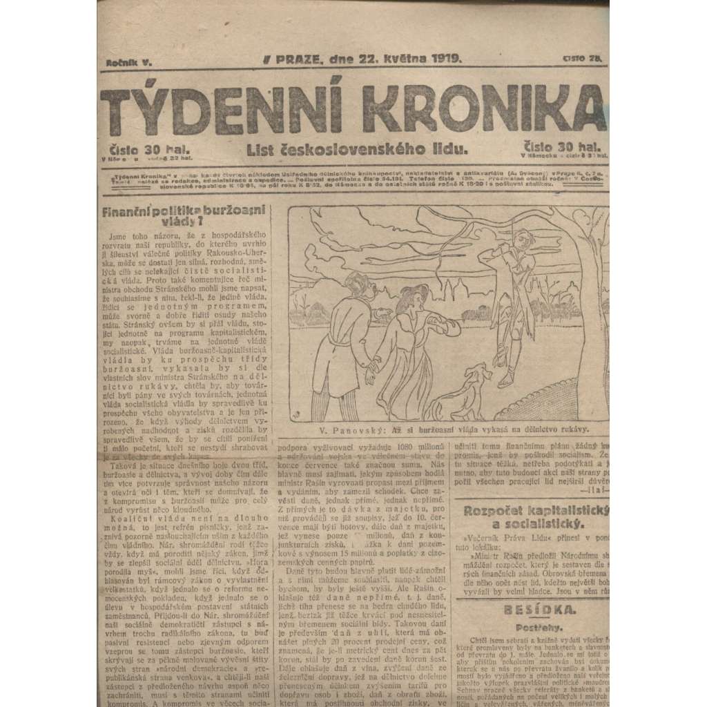 Týdenní kronika (22.5.1919) - staré noviny, 1. republika