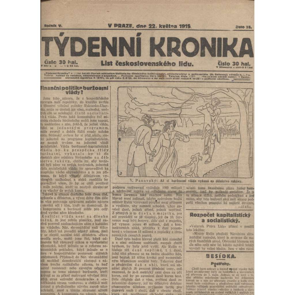 Týdenní kronika (22.5.1919) - staré noviny, 1. republika