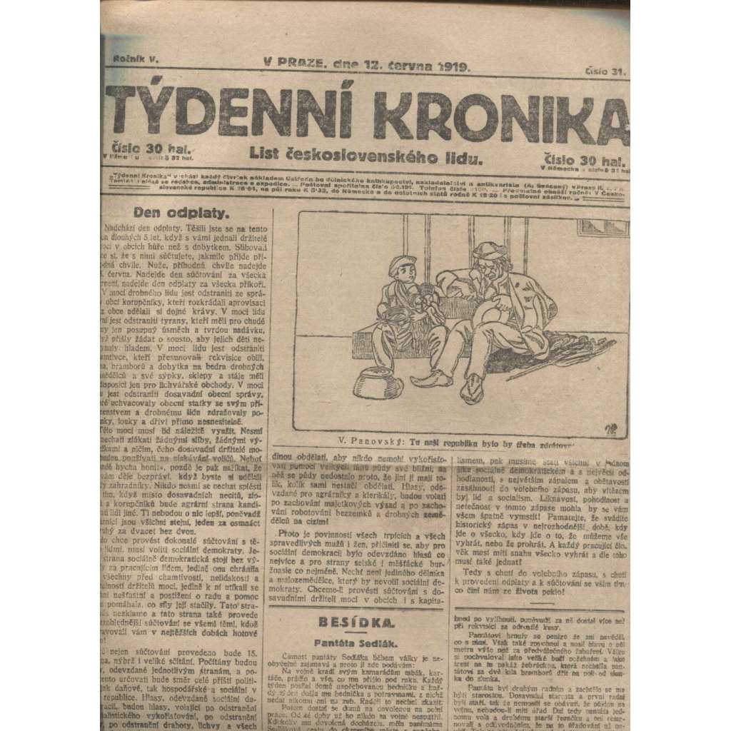 Týdenní kronika (12.6.1919) - staré noviny, 1. republika