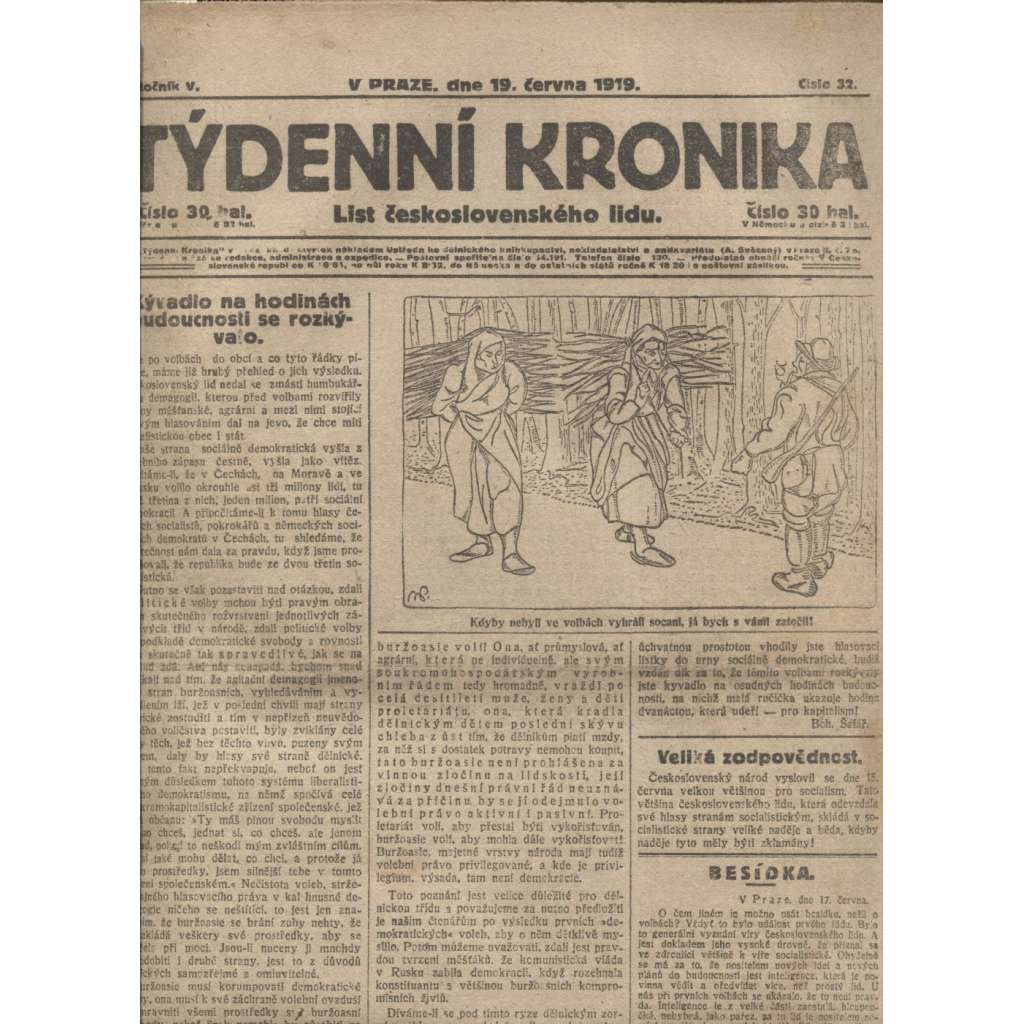 Týdenní kronika (19.6.1919) - staré noviny, 1. republika (není kompletní)