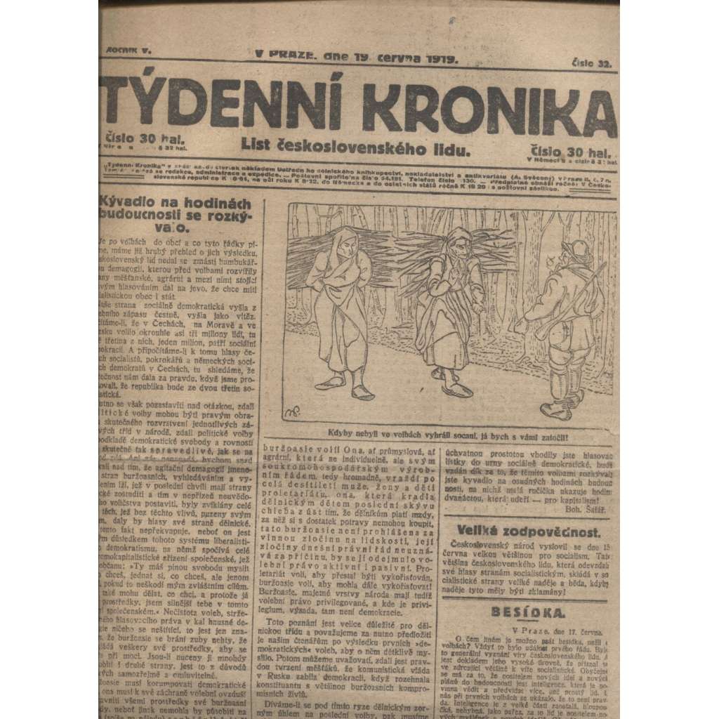 Týdenní kronika (19.6.1919) - staré noviny, 1. republika