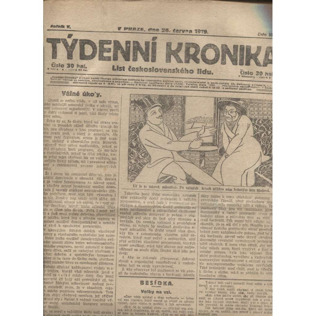 Týdenní kronika (26.6.1919) - staré noviny, 1. republika