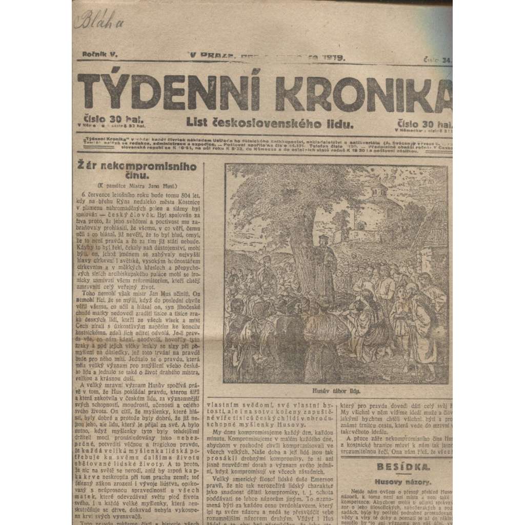 Týdenní kronika (3.7.1919) - staré noviny, 1. republika