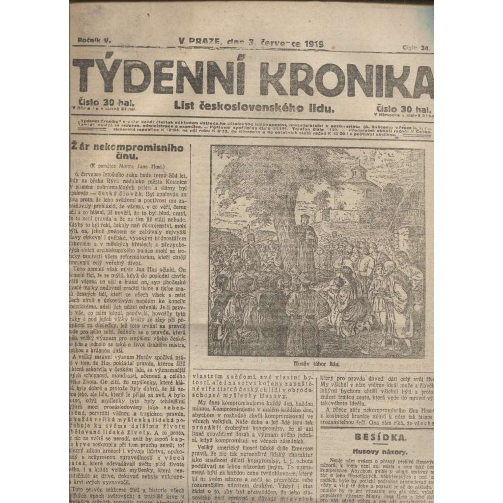 Týdenní kronika (3.7.1919) - staré noviny, 1. republika