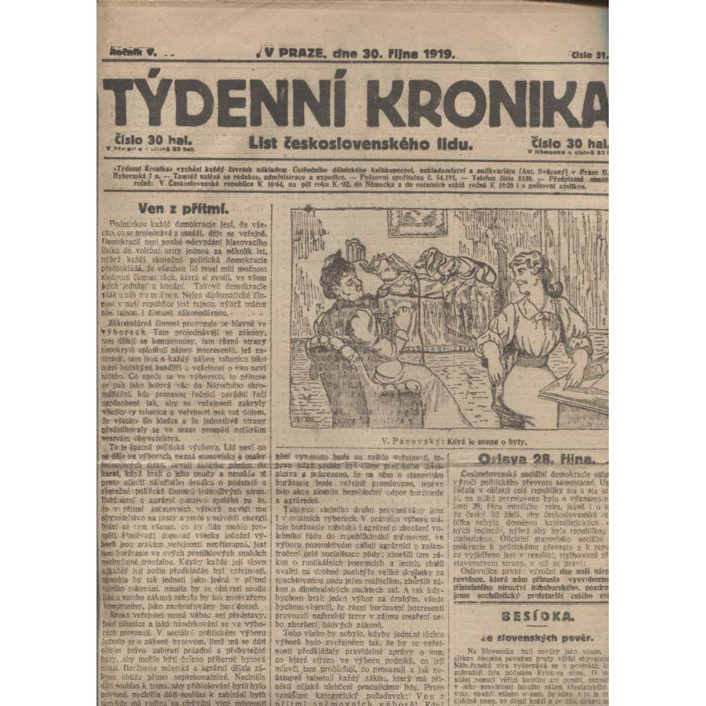 Týdenní kronika (30.10.1919) - staré noviny, 1. republika