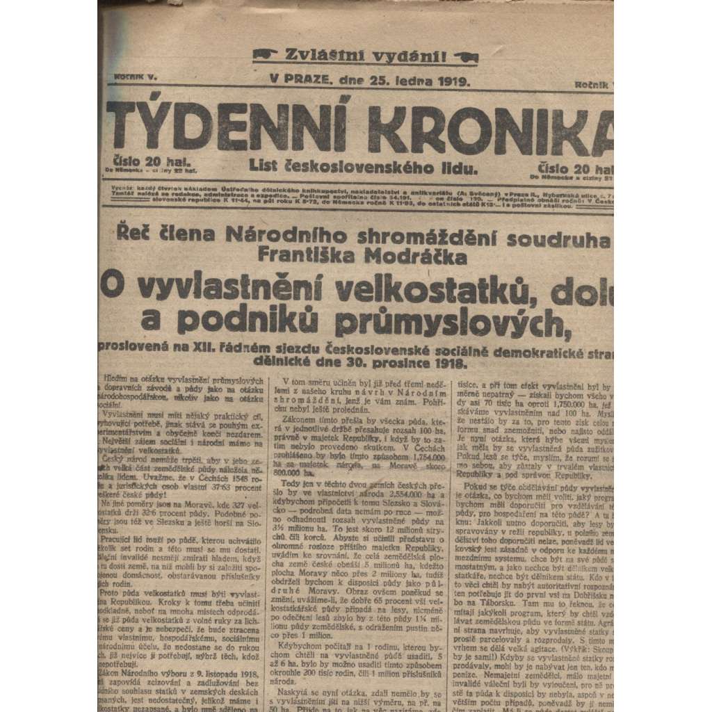 Týdenní kronika (25.1.1919) - staré noviny, 1. republika