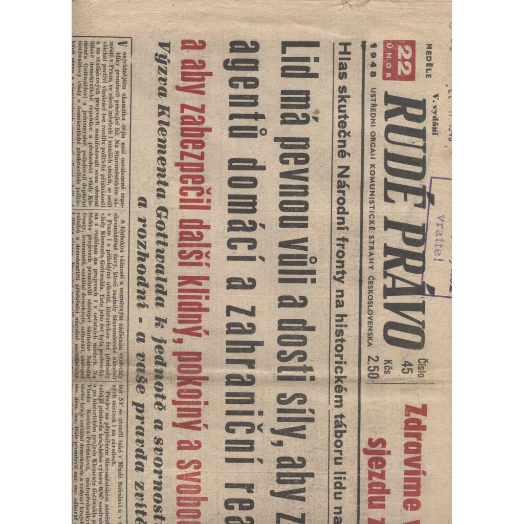 Rudé právo (22.2.1948) - staré noviny, vítězný únor, únorové vítězství, komunistický převrat, únorový puč