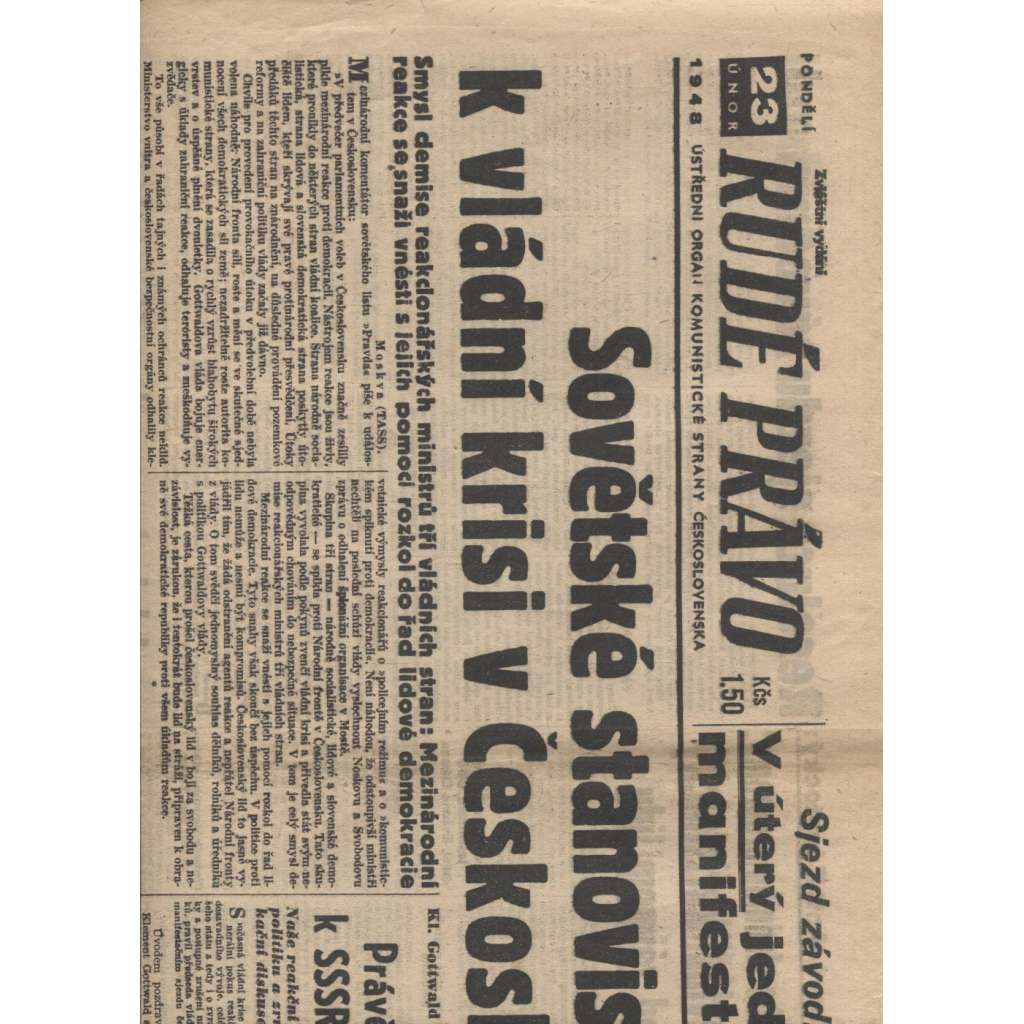 Rudé právo (23.2.1948) - staré noviny, vítězný únor, únorové vítězství, komunistický převrat, únorový puč