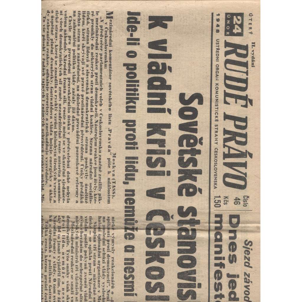 Rudé právo (24.2.1948) - staré noviny, vítězný únor, únorové vítězství, komunistický převrat, únorový puč