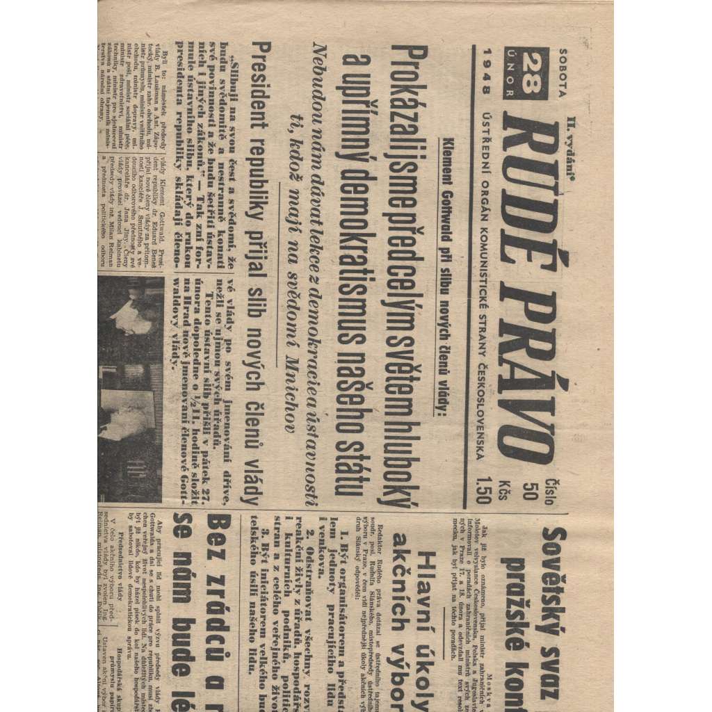 Rudé právo (28.2.1948) - staré noviny, vítězný únor, únorové vítězství, komunistický převrat, únorový puč