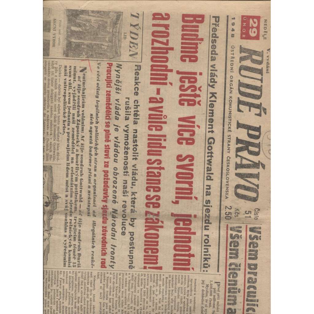 Rudé právo (29.2.1948) - staré noviny, vítězný únor, únorové vítězství, komunistický převrat, únorový puč
