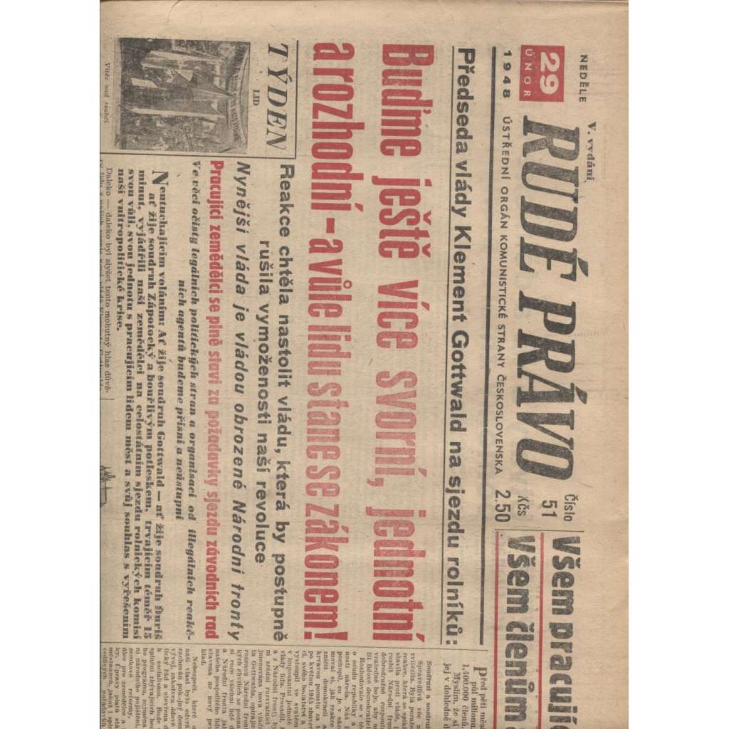 Rudé právo (29.2.1948) - staré noviny, vítězný únor, únorové vítězství, komunistický převrat, únorový puč