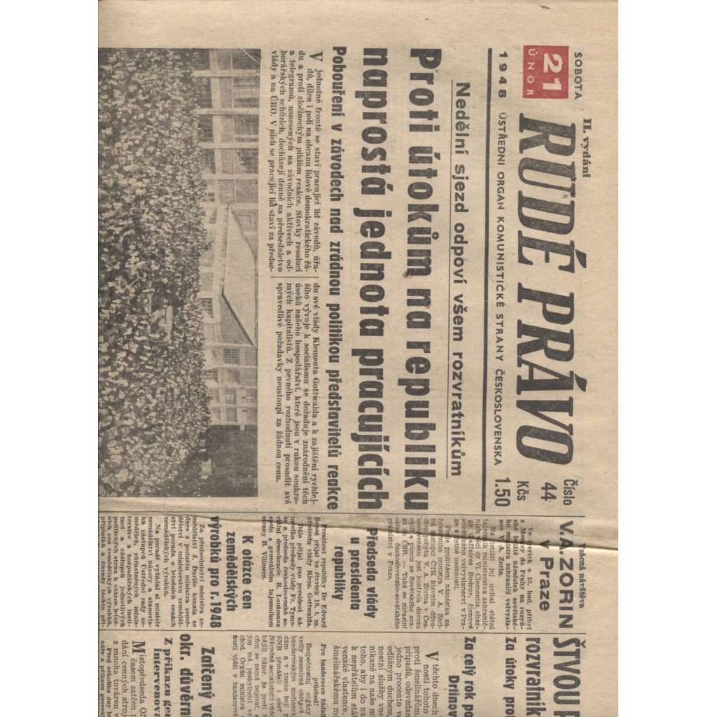 Rudé právo (21.2.1948) - staré noviny, vítězný únor, únorové vítězství, komunistický převrat, únorový puč