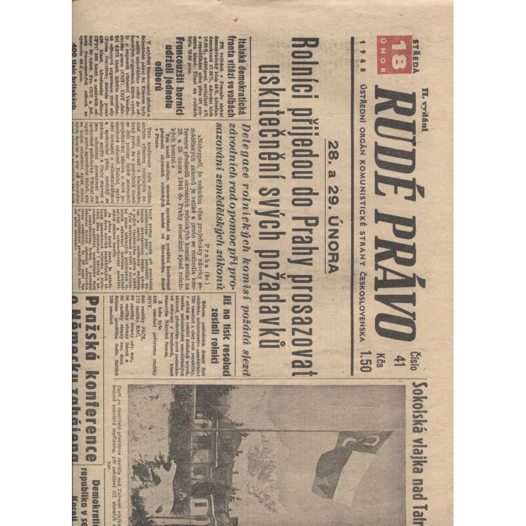 Rudé právo (18.2.1948) - staré noviny, vítězný únor, únorové vítězství, komunistický převrat, únorový puč
