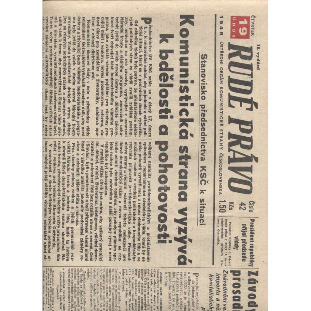 Rudé právo (19.2.1948) - staré noviny, vítězný únor, únorové vítězství, komunistický převrat, únorový puč