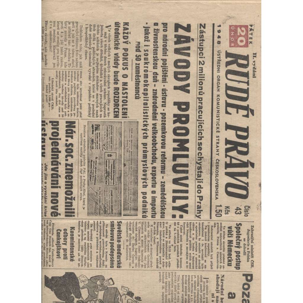 Rudé právo (20.2.1948) - staré noviny, vítězný únor, únorové vítězství, komunistický převrat, únorový puč