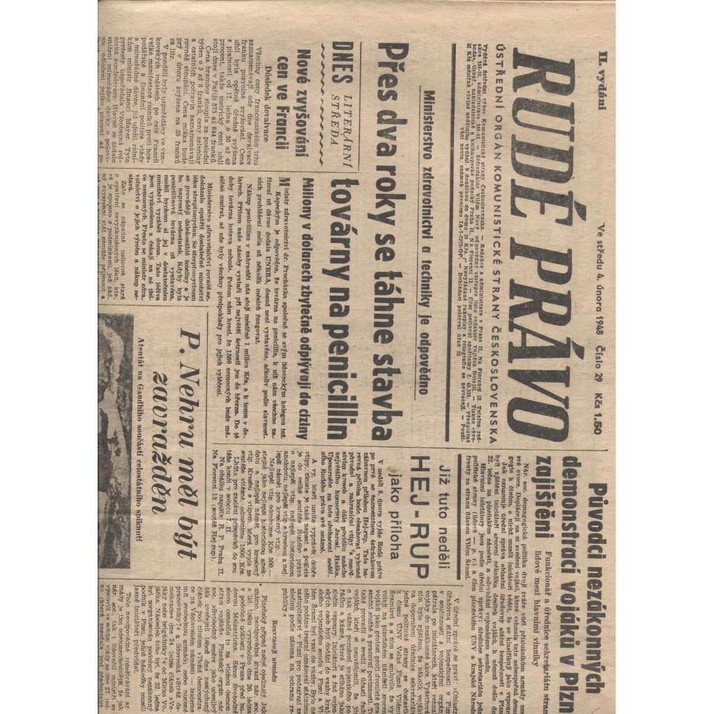 Rudé právo (4.2.1948) - staré noviny, vítězný únor, únorové vítězství, komunistický převrat, únorový puč